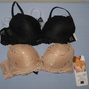 Rene Rofe 2 For 1 Extreme Push Up Lace Bras Set, Black Tan, Size 32A, NWT!
